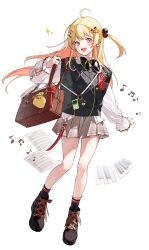  1girl :d absurdres ahoge bag black_bow black_socks black_sweater_vest blonde_hair bow bowtie earphones frilled_sleeves frills hair_ornament hairclip highres hololive hololive_dev_is long_hair looking_at_viewer marimo_ke mp3_player one_side_up open_mouth otonose_kanade paper piano_keys pleated_skirt red_eyes sheet_music shirt shoulder_bag simple_background skirt smile socks solo sparkle sweater_vest white_background white_shirt 