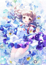  1girl :d backpack bag blue_bow blue_flower bow breasts brown_eyes brown_hair commentary_request dress floating_hair flower frilled_dress frills full_body hairband higanbana_no_saku_yoru_ni high_heels highres kusunoki_midori long_hair long_sleeves looking_at_viewer medium_breasts randoseru sakurazawa_izumi shoes smile solo thigh-highs very_long_hair wavy_hair white_dress white_flower white_shoes white_thighhighs yellow_hairband 