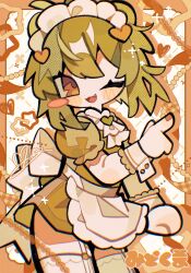  1girl ;3 absurdres apron arm_at_side ascot back_bow blush_stickers border bow brooch brown_eyes brown_nails clenched_hand colored_shadow commission cowboy_shot deformed dot_nose double-parted_bangs dress drop_shadow fang green_dress green_hair hair_ornament hand_up happy heart heart_brooch heart_hair_ornament highres index_finger_raised jewelry maid maid_headdress mid_(doa_3d) nail_polish one_eye_closed open_mouth orange_border original pale_skin puffy_short_sleeves puffy_sleeves second-party_source shadow short_dress short_sleeves signature single_blush_sticker smile solo standing star_(symbol) thigh-highs waist_apron warm_colored white_ascot white_background white_bow white_thighhighs white_wrist_cuffs wrist_cuffs zettai_ryouiki 