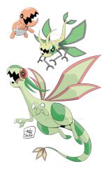  absurdres antennae artist_name evolutionary_line flygon highres no_humans open_mouth pokemon pokemon_(creature) signature simple_background spiralshells tail trapinch tumblr_username vibrava watermark web_address white_background wings 