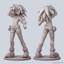  3d ankle_boots belt bike_shorts bodysuit bodysuit_under_clothes boots from_behind gloves grey_background highres jumpsuit mega_man_(series) mega_man_legends_(series) red_boots roll_caskett_(mega_man) short_jumpsuit simple_background smile socks tagme utility_belt wrench 