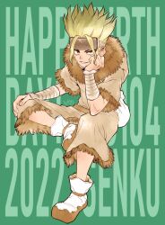  1boy 2022 arm_wrap bandaged_arm bandages birthday blonde_hair brown_eyes dated dr._stone english_text facial_mark full_body fur_trim green_background grin hand_on_own_face hand_on_own_knee happy_birthday head_rest headband invisible_chair ishigami_senkuu legs_apart looking_at_viewer male_focus ninomae_gin red_eyes simple_background sitting smile smirk solo spiky_hair spread_legs teeth 