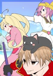  1boy 2girls :q ahoge animal_on_head black_cat black_gloves blonde_hair blue_sky breasts brown_eyes brown_hair cat cat_on_head closed_mouth clouds commentary_request day dress game_master_(ragnarok_online) gloves grin hair_between_eyes high_priest_(ragnarok_online) iyofika juliet_sleeves long_hair long_sleeves looking_afar medium_breasts multiple_girls on_head open_mouth outdoors pink_dress pink_hair priest_(ragnarok_online) puffy_sleeves ragnarok_online red_eyes red_shirt shirt short_hair sky smile tongue tongue_out twintails upper_body white_dress white_gloves 