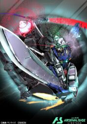  card_(medium) copyright_logo copyright_name copyright_notice glowing glowing_eyes gn_drive gn_flag gn_sword gundam gundam_00 gundam_arsenal_base gundam_exia logo mecha mecha_focus mobile_suit moyashi_koubou no_humans official_art robot union_flag v-fin weapon 