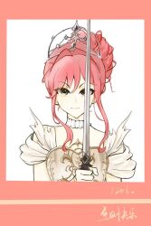  1girl armor border breastplate brown_eyes chinese_commentary chinese_text choker closed_mouth clothing_cutout commentary_request dated hair_bun hair_intakes happy happy_birthday heluo_(xinjinjumin430310805020) highres holding holding_sword holding_weapon infinity_nikki melody_bloom_(infinity_nikki) nikki_(nikki) nikki_(series) pink_border pink_hair shirt short_hair_with_long_locks short_sleeves shoulder_cutout sidelocks single_hair_bun smile sword tiara upper_body v-shaped_eyebrows wavy_hair weapon white_background white_choker white_shirt 