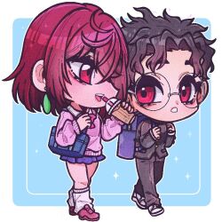  1boy 1girl ayase_momo backpack bag black_hair black_jacket black_pants blue_background blue_bag blue_skirt border bow bowtie brown_hair brown_shoes bubble_tea chibi chibi_only collared_shirt crossed_bangs cup dandadan disposable_cup earrings gakuran glasses hair_between_eyes holding holding_cup jacket jewelry ka_ku_23 loafers looking_at_another loose_socks medium_hair open_mouth pants parted_bangs parted_lips pink_sweater pleated_skirt red_bow red_bowtie red_eyes round_eyewear school_uniform shirt shirt_under_sweater shoes short_hair shoulder_bag skirt smile sneakers socks sweater takakura_ken_(dandadan) walking wavy_hair white_border white_shirt white_socks 
