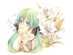  aqua_hair blue_eyes bow bust flower flowers hatsune_miku lilies low_twintails nail_polish strap_slip transparent vocaloid 