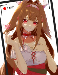  1girl animal_ears blush bracelet brown_hair collar commentary_request criss-cross_straps finger_heart fox_ears fox_girl frills hair_ornament hand_on_own_chest headband heart highres jewelry long_hair off_shoulder official_alternate_costume pout recording red_eyes shirt skirt sleeveless very_long_hair viewfinder yamashiro_(xanthicwhite) ye_shunguang zenless_zone_zero 