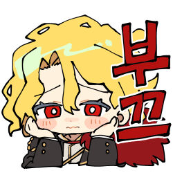  1girl black_jacket blonde_hair closed_mouth don_quixote_(project_moon) hands_on_own_cheeks hands_on_own_face highres jacket korean_text limbus_company long_sleeves parted_bangs pinch_(nesume) project_moon sancho_(project_moon) short_hair simple_background solo translation_request wavy_hair white_background 