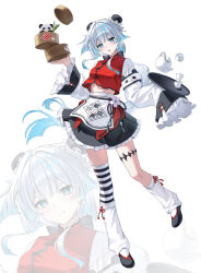  1girl alternate_costume alternate_hairstyle black_shoes black_skirt blue_eyes blue_hair bun_cover cerydra_(honkai:_star_rail) different_zoom_layer highres honkai:_star_rail honkai_(series) leg_warmers long_sleeves parted_lips pora_0918 shirt shoes simple_background single_thighhigh skirt smile solo standing striped_clothes striped_thighhighs thigh-highs white_background white_leg_warmers wide_sleeves zoom_layer 