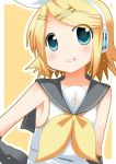  1girl armpits grin headphones kagamine_rin minami_(colorful_palette) ribbon simple_background smile solo vocaloid 