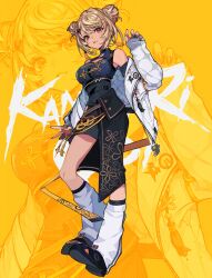  1girl bare_shoulders black_nails black_overskirt black_shoes blonde_hair chinese_clothes dark-skinned_female dark_skin double_bun dress earrings gyaru hair_bun highres jacket jewelry kaminari_qpi kaminari_qpi_(4th_costume) leg_warmers off_shoulder orange_eyes parted_bangs pokimari shoes sleeveless sleeveless_dress solo tassel tassel_earrings virtual_youtuber vspo! white_jacket yellow_background zoom_layer 