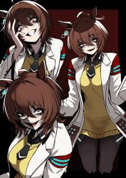  1girl absurdres agnes_tachyon_(tach-nology)_(umamusume) agnes_tachyon_(umamusume) ahoge animal_ears black_pantyhose breasts brown_hair chemical_structure coat cork earrings evil_grin evil_smile grin hair_between_eyes hand_on_own_face highres horse_ears horse_girl huge_ahoge jewelry lab_coat long_sleeves medium_hair nagai_negi necktie open_mouth pantyhose red_eyes shaded_face short_necktie single_earring sleeves_past_fingers sleeves_past_wrists smile sweater sweater_vest teeth test_tube umamusume white_coat yellow_sweater yellow_sweater_vest 