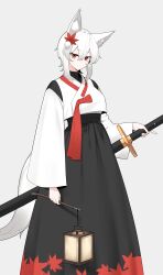  1641_(chfhrtor94) 1girl absurdres adapted_costume animal_ears black_skirt breasts closed_mouth commentary_request double-parted_bangs expressionless hair_ornament high-waist_skirt highres holding holding_lantern holding_sword holding_weapon inubashiri_momiji korean_commentary lantern leaf leaf_hair_ornament leaf_print long_skirt long_sleeves looking_at_viewer maple_leaf maple_leaf_print medium_breasts paper_lantern red_eyes short_hair_with_long_locks simple_background skirt solo standing sword tail thick_eyebrows touhou turtleneck vest weapon white_hair white_vest wide_sleeves wolf_ears wolf_tail 