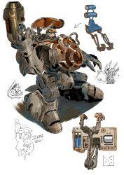  1boy brown_theme canopy_(aircraft) caterpillar_tracks cockpit control_stick ephe99261012 goggles goggles_on_headwear gun hashtag-only_commentary highres holding holding_gun holding_weapon holding_wrench mecha mecha_focus mechanical_foot multiple_views open_cockpit original pilot pilot_chair robot science_fiction simple_background sketch standing weapon white_background wrench 