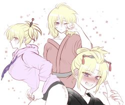  1girl artist_name black_buruma black_kimono blonde_hair blue_eyes bottle breasts buruma closed_mouth collarbone drunk ear_piercing gintama grin hair_down holding holding_bottle hood hood_down hoodie japanese_clothes kimono kunai_hair_ornament large_breasts looking_at_viewer medium_hair multiple_views ninomae_gin piercing pink_hoodie ponytail red_kimono rubbing_eyes sake_bottle scar scar_on_face sidelocks simple_background smile squeans stitches tearing_up teeth tsukuyo_(gintama) waking_up white_background 