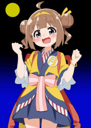  1girl :d ahoge black_eyes blue_skirt bracelet brown_hair commentary cowboy_shot double_bun full_moon hair_bun hairband imadake_tsukimi_tabemi japanese_clothes jewelry kimono looking_at_viewer mcdonald's miniskirt mizusaki_johnko moon open_mouth pleated_skirt sash short_hair short_sleeves skirt smile solo standing striped_clothes tasuki vertical-striped_clothes yellow_hairband yellow_kimono 
