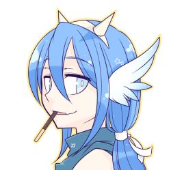  1boy alternate_color blue_eyes blue_hair blue_scarf commentary_request cone_horns fake_horns feathered_wings food food_in_mouth guillotine_cross_(ragnarok_online) hair_between_eyes head_wings horns long_hair looking_at_viewer male_focus oekakipikki open_mouth pocky pocky_in_mouth portrait ragnarok_online scarf simple_background smile solo white_background white_horns white_wings wings 
