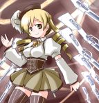  beret blonde_hair breasts brown brown_background brown_dress detached_sleeves dress drill_hair gloves gun hair_ornament hairpin hat kugelschreiber long_hair magical_girl magical_musket mahou_shoujo_madoka_magica pleated_skirt puffy_sleeves ribbon rifle skirt smile solo thighhighs tomoe_mami twintails vertical-striped_legwear vertical_stripes weapon yellow_eyes zettai_ryouiki 
