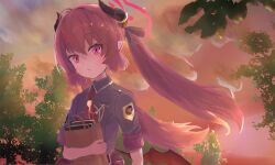  1girl :< absurdres bag blue_archive blush book clouds cloudy_sky demon_horns demon_wings dusk evening halo highres hira15623 holding holding_bag horns junko_(blue_archive) long_hair looking_at_viewer pointy_ears red_eyes red_hair shirt sky solo tree twintails wings 