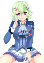  1girl ascot breasts double-parted_bangs eiyuu_densetsu finger_to_cheek green_hair hair_between_eyes hair_ornament hairclip highres jacket long_sleeves looking_at_viewer medium_breasts musse_egret sen_no_kiseki_(series) sen_no_kiseki_iii short_hair simple_background sirakaba324 sitting skirt smile solo thors_military_academy_branch_campus_uniform tongue tongue_out upper_body violet_eyes white_ascot white_background 