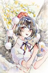  1girl alt_text black_hair black_wings commentary_request feathered_wings flower hat holding holding_pen looking_at_viewer navybluesparrow open_mouth painting_(medium) pen pom_pom_(clothes) red_hat shameimaru_aya shirt short_hair solo tengu tokin_hat touhou traditional_media upper_body watercolor_(medium) white_shirt wings yellow_flower 