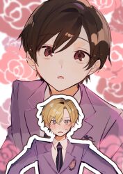  1boy 1girl androgynous blazer blonde_hair blush brown_eyes brown_hair collared_shirt commentary_request doujinshi_cover_trope_(trend) floral_background flustered fujioka_haruhi hetero highres jacket lapels necktie nervous_sweating ouran_high_school_host_club ouran_high_school_uniform outline pixie_cut purple_jacket purple_necktie reverse_trap school_uniform shirt short_hair suou_tamaki sweat u-sama_(u_summer0719) upper_body v-shaped_eyebrows violet_eyes white_outline white_shirt 