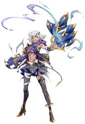  1girl :d absurdres anklet armor asymmetrical_legwear asymmetrical_sleeves bandage_on_cheek bandage_on_face bandaged_arm bandaged_leg bandages belt black_gloves blue_sailor_collar body_markings breasts dark-skinned_female dark_skin detached_sleeves earclip elbow_gloves floating_clothes full_body game_cg gauntlets gloves gold_anklet gold_shoes gold_trim grey_eyes grey_hair grey_shirt grey_skirt hair_ornament high_heels highres hood hood_down jewelry langrisser langrisser_mobile looking_at_viewer magic miniskirt navel official_art open_clothes open_mouth pauldrons purple_hood purple_shirt sailor_collar second-party_source shirt shoes short_hair shoulder_armor simple_background single_bare_shoulder single_elbow_glove single_glove single_pauldron skirt sleeveless sleeveless_shirt smile solo standing tachi-e tatalia_(langrisser) teeth thigh-highs thigh_strap torn_clothes torn_shirt torn_skirt torn_thighhighs transparent_background two-sided_shirt under_boob uneven_legwear 