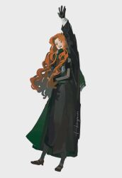  1girl black_robe black_skirt black_thighhighs blue_eyes book brown_shoes full_body green_scarf gynger_edventray_(hiiragimare) highres hiiragimare hogwarts_legacy hogwarts_school_uniform holding holding_book long_hair mary_janes open_mouth original red_hair robe scarf school_uniform shoes simple_background sketch skirt slytherin smile solo thigh-highs waving_arm white_background wizarding_world 