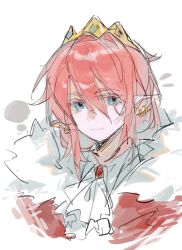  1boy androgynous animification ascot bishounen blue_eyes brooch cape chinese_commentary commentary_request cropped_shoulders crown earrings fur-trimmed_cape fur_trim gold_crown hair_between_eyes highres humanization jewelry long_hair looking_at_viewer lzsamada male_focus minecraft_youtube pink_hair pointed_crown pointy_ears red_cape shirt simple_background sketch solo technoblade white_ascot white_background white_shirt 