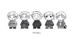  5boys :< absurdres axis_powers_hetalia baggy_pants belt blush_stickers boots bow bowtie breast_pocket buttons chibi chibi_only clenched_hands closed_eyes closed_mouth coat collared_jacket collared_shirt commentary_request cross cross_hair_ornament denmark_(hetalia) english_text finland_(hetalia) full_body glasses gloves greyscale hair_ornament half-closed_eyes highres iceland_(hetalia) jacket lapels long_sleeves looking_afar male_focus mi_aph_to military military_jacket military_uniform monochrome multiple_boys necktie norway_(hetalia) open_clothes open_jacket open_mouth pants pocket sailor_collar semi-rimless_eyewear shirt simple_background smile standing stuffed_animal stuffed_penguin stuffed_toy sweden_(hetalia) v-shaped_eyebrows 