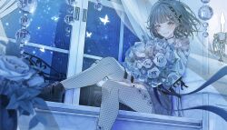  1girl absurdres black_ribbon black_shoes blue_ribbon blunt_bangs blurry blurry_foreground blush bouquet bug butterfly collared_shirt crystal_ball curtains feet_out_of_frame fishnet_pantyhose fishnets floating_hair frilled_shirt frills grey_eyes grey_hair hair_ribbon hanabusa_lisa highres holding holding_bouquet long_sleeves looking_at_viewer mameko_(l8_w3) medium_hair pantyhose pleated_skirt ribbon shirt shoes skirt smile sparkle thigh_strap vspo! window 