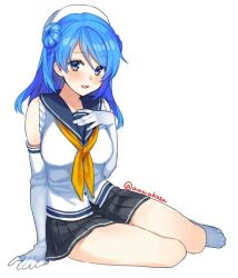  1girl bad_id black_skirt blue_eyes blue_hair blush breasts double_bun elbow_gloves gloves hair_bun hand_on_own_chest hat kantai_collection looking_at_viewer medium_breasts neckerchief open_mouth pleated_skirt ryuuki_(hydrangea) sailor_collar school_uniform serafuku simple_background sitting skirt socks solo urakaze_(kancolle) white_background white_gloves white_hat white_socks yellow_neckerchief 