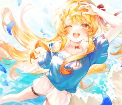  1girl absurdres arm_up beach blonde_hair blue_shirt collarbone commentary falling_petals feet_out_of_frame floating_hair hair_intakes hair_ornament happy highres hololive long_hair looking_at_viewer musical_note musical_note_hair_ornament off-shoulder_shirt off_shoulder one_eye_closed open_mouth otonose_kanade parted_bangs petals red_eyes shirt short_shorts short_sleeves shorts smile solo someang standing thigh_strap white_shorts 