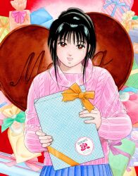  1girl black_hair blue_ribbon blue_skirt box candy character_name chocolate commentary food food_writing gift gift_box hanamaki_maria heart heart-shaped_chocolate heart-shaped_food highres holding holding_gift konbini_maria long_sleeves looking_at_viewer medium_hair miura_mitsuru official_artist_extra open_mouth orange_ribbon pink_ribbon pink_sweater pleated_skirt ponytail red_eyes ribbed_sweater ribbon skirt smile solo standing sticker sweater turtleneck turtleneck_sweater upper_body valentine 