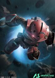  claw_(weapon) copyright_logo copyright_name copyright_notice glowing glowing_eye gundam gundam_arsenal_base gundam_seed gundam_seed_freedom horns kumagoro1108 logo mecha mobile_suit no_humans official_art one-eyed pink_eyes robot science_fiction single_horn solo thrusters weapon z'gok_(seed) 