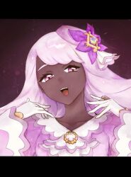  1girl :d asuka_rkgk collarbone commentary_request dark-skinned_female dark_skin eyelashes gloves hands_up happy jacinthe_(pokemon) jewelry open_mouth pokemon pokemon_legends:_z-a ring smile solo teeth tilted_headwear tongue upper_body upper_teeth_only violet_eyes white_gloves 