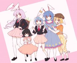  5girls animal_ears animal_hug animal_on_head bamboo bamboo_forest black_hair black_jacket blazer blonde_hair blue_dress blue_hair blush brown_hat carrot_necklace closed_mouth collarbone collared_shirt commentary crescent crescent_pin crescent_print dress earclip flat_cap floppy_ears forest hat height_difference highres holding holding_skewer inaba_tewi jacket jewelry long_hair long_sleeves looking_at_viewer multiple_girls nature necklace necktie on_head open_mouth orange_shirt pants pink_dress pink_skirt pleated_skirt print_dress puffy_short_sleeves puffy_sleeves purple_hair rabbit rabbit_ears rabbit_girl rabbit_tail red_eyes red_necktie reisen_(touhou_bougetsushou) reisen_udongein_inaba ringo_(touhou) seiran_(touhou) seiryo0425 shirt short_hair short_sleeves skewer skirt smile socks star_(symbol) star_print striped_clothes striped_pants sweatdrop symbol-only_commentary tail thigh-highs touhou vertical-striped_clothes vertical-striped_pants very_long_hair white_shirt white_socks white_thighhighs yellow_pants 
