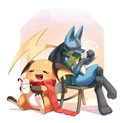  1other absurdres black_fur blue_fur blush chair closed_eyes cup drinking fang furry green_scarf highres hoishere7 holding holding_cup hot_chocolate lucario multicolored_fur on_chair open_mouth orange_fur pokemon pokemon_(creature) pokemon_focus raichu red_scarf scarf sitting smile spikes tail whipped_cream yellow_fur 