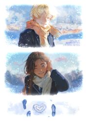  1boy 1girl alien_stage black_jacket brown_hair colored_eyelashes eliasis grey_eyes heart highres hyuna_(alien_stage) jacket long_hair luka_(alien_stage) one_eye_closed orange_scarf scarf short_hair smile snowing tucking_hair very_short_hair watermark white_scarf yellow_eyes 