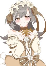  1girl :t assault_lily bare_shoulders blush bow brown_bow brown_collar brown_dress brown_eyes brown_ribbon closed_mouth collar commentary_request criss-cross_halter cross-laced_clothes cross-laced_sleeves dress dress_bow dress_flower eating flower food food_bite food_on_face frilled_bow frilled_dress frilled_hairband frilled_sleeves frills grey_hair hair_bow hair_flower hair_ornament hair_ribbon hairband halter_dress halterneck hands_up heart heart_in_eye highres holding holding_food lolita_fashion lolita_hairband long_hair looking_at_viewer multicolored_hair off-shoulder_dress off_shoulder official_alternate_costume ribbon rose sasaki_ran simple_background smile solo streaked_hair striped_bow symbol_in_eye taiyaki two-tone_dress upper_body vidro_(vidro_094) wagashi white_background white_dress white_flower white_hairband white_rose wide_sleeves 