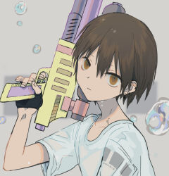  1boy artist_name bad_id bad_pixiv_id black_gloves brown_eyes brown_hair closed_mouth collarbone copyright_request earclip earrings fingerless_gloves gloves grey_background hair_between_eyes holding holding_water_gun jewelry looking_at_viewer male_focus portrait shirt shoden short_hair short_sleeves solo t-shirt water_drop water_gun wet wet_clothes wet_shirt white_shirt 