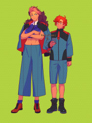  1boy 1girl aqua_eyes asticassia_school_uniform black_boots blue_eyes blue_pants blue_shorts blue_socks blue_vest boots breasts brown_hair cropped_vest crossed_arms frown full_body furrowed_brow genderswap genderswap_(ftm) genderswap_(mtf) green_background grey_socks guel_jeturk gundam gundam_suisei_no_majo hair_between_eyes highres holding holding_phone ivy_hermit jacket jacket_on_shoulders large_breasts long_hair looking_at_another m_blue_ka midriff multicolored_hair necktie pants phone pink_hair red_boots red_hair red_necktie school_uniform short_hair shorts socks suletta_mercury thick_eyebrows two-tone_hair vest 