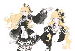  1girl absurdres black_bow black_choker black_dress blonde_hair blue_eyes bow braid breasts chao_jiu_wan_shiyi_dian_ban chinese_commentary choker commentary_request cross cross_earrings detached_sleeves dress earrings frilled_choker frilled_dress frills furrowed_brow hair_bow hand_on_own_chin highres jewelry long_hair long_sleeves looking_at_viewer mahou_shoujo_no_majo_saiban mole mole_under_eye multiple_views one_side_up open_mouth pointing saeki_miria simple_background standing thinking white_background wide_sleeves 