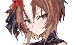  1girl alumina_(kennmeidesu) bare_shoulders blush brown_eyes brown_hair eyeshadow hair_between_eyes hair_ornament hair_ribbon highres horse_girl japanese_clothes looking_at_viewer makeup multicolored_hair origami purple_ribbon red_eyeshadow ribbon serious short_hair simple_background tsurime umamusume white_background white_hair yaeno_muteki_(attack_of_the_four_white_meteors)_(umamusume) yaeno_muteki_(umamusume) 