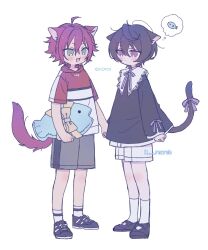  2boys :d aged_down ahoge animal_ears black_hair black_shirt blush bow bowtie cat_ears cat_tail child collared_shirt commentary deformed ensemble_stars! fang fish footwear_bow full_body green_eyes grey_shorts hair_between_eyes hand_grab highres holding holding_stuffed_toy hood hood_down image_in_thought_bubble isara_mao janus_(ensemble_stars!) kemonomimi_mode long_sleeves loose_hair_strand male_focus multicolored_shirt multiple_boys purple_bow purple_bowtie purple_hair purple_ribbon red_hair red_shirt reo0 ribbon sakuma_ritsu shirt shoes short_sleeves shorts sleeves_past_wrists smile sneakers socks stuffed_animal stuffed_fish stuffed_toy tail tail_bow tail_ornament white_shorts white_socks 