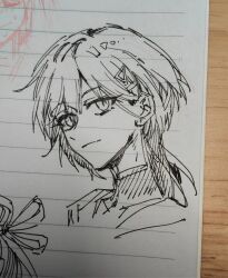  1girl commentary_request cropped_head greyscale hair_ornament hatching_(texture) highres jellyfish_cut katsuragi_izumi linear_hatching link!_like!_love_live! long_hair looking_at_viewer love_live! monochrome pen_(medium) photo_(medium) slit_pupils smile solo traditional_media triangle_hair_ornament turtleneck virtual_youtuber yrxy_settingsun 