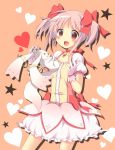  blush bow bubble_skirt choker dress gloves hair_bow highres kaname_madoka kyubey kyuubee magical_girl mahou_shoujo_madoka_magica open_mouth orange_background oruton pink_eyes pink_hair puffy_sleeves short_hair short_twintails twintails 