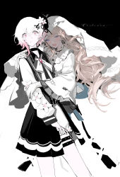  2girls absurdres beret black_choker black_dress black_hat blending blonde_hair chao_jiu_wan_shiyi_dian_ban chinese_commentary choker commentary_request constricted_pupils cross cross_earrings dress earrings feet_out_of_frame flower gloves gradient_hair hair_flower hair_ornament hat highres hikami_meruru hug jewelry long_hair long_sleeves looking_at_viewer mahou_shoujo_no_majo_saiban multicolored_hair multiple_girls open_mouth parted_lips pink_eyes sakuraba_ema short_hair simple_background smile spoilers standing thigh_strap veil violet_eyes white_dress white_flower white_gloves white_hair white_veil x_hair_ornament 