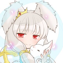  1girl animal animal_ears arch_bishop_(ragnarok_online) blush closed_mouth commentary_request cross crown dress grey_hair holding holding_animal holding_rabbit long_hair looking_at_viewer lowres oekakipikki rabbit rabbit_ears rabbit_girl ragnarok_online red_eyes simple_background smile solo upper_body white_background white_dress 